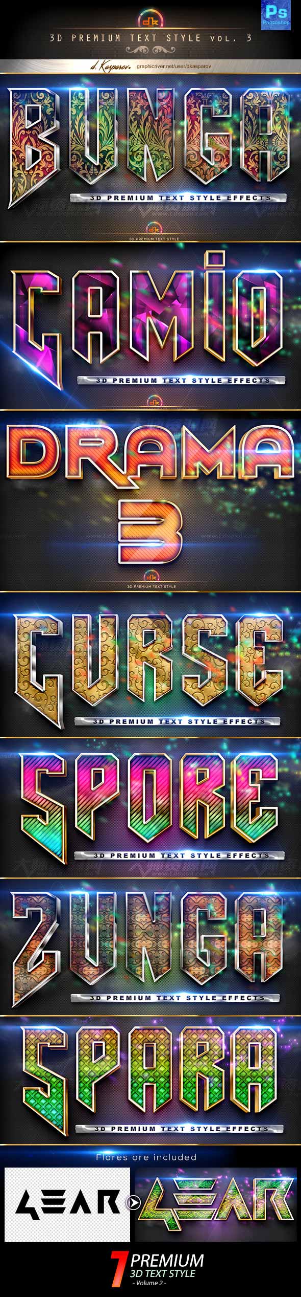 3D Premium Text Style Vol.3,PS图层样式－7个高级3D文本